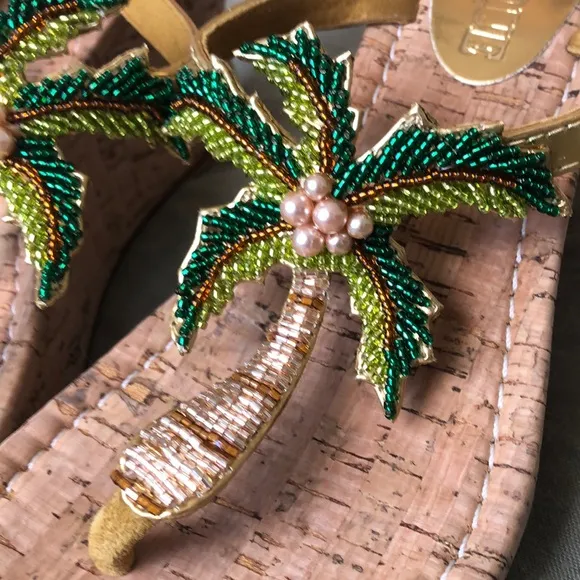 Beaded Palm Tree &quot;Addison&quot; Cork Wedge Slide Thong Sandal