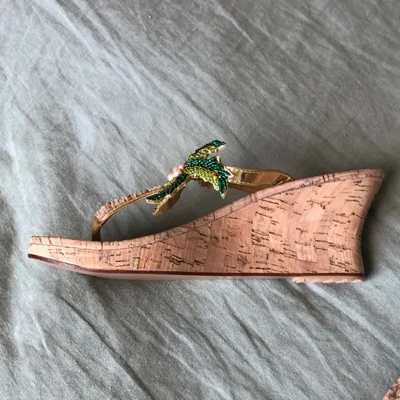 Beaded Palm Tree &quot;Addison&quot; Cork Wedge Slide Thong Sandal