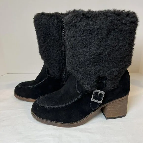 BEARPAW Boots Women’s Size 8 Obsidian Wool Fleece &amp; Black Suede Stacked Heel NWT