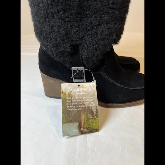 BEARPAW Boots Women’s Size 8 Obsidian Wool Fleece &amp; Black Suede Stacked Heel NWT