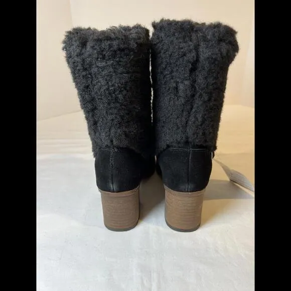 BEARPAW Boots Women’s Size 8 Obsidian Wool Fleece &amp; Black Suede Stacked Heel NWT