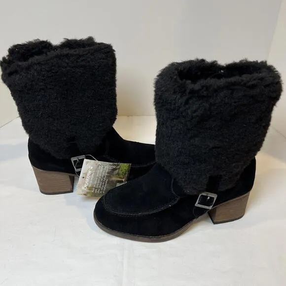 BEARPAW Boots Women’s Size 8 Obsidian Wool Fleece &amp; Black Suede Stacked Heel NWT