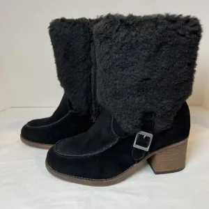 BEARPAW Boots Women’s Size 8 Obsidian Wool Fleece &amp; Black Suede Stacked Heel NWT