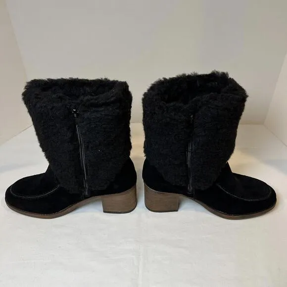 BEARPAW Boots Women’s Size 8 Obsidian Wool Fleece &amp; Black Suede Stacked Heel NWT