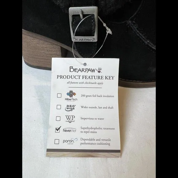 BEARPAW Boots Women’s Size 8 Obsidian Wool Fleece &amp; Black Suede Stacked Heel NWT