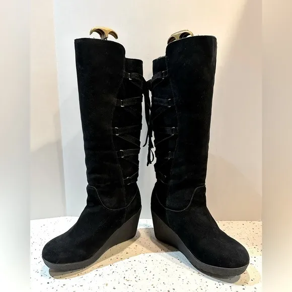 BearPaw Suede Leather Tall Wedge Lace Up Boots Pull On‎ Sz 10