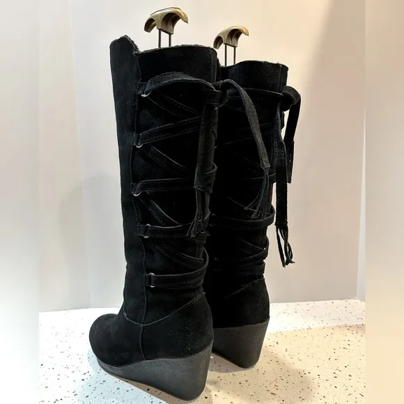 BearPaw Suede Leather Tall Wedge Lace Up Boots Pull On‎ Sz 10