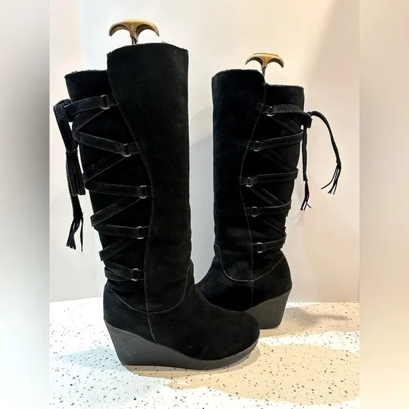 BearPaw Suede Leather Tall Wedge Lace Up Boots Pull On‎ Sz 10