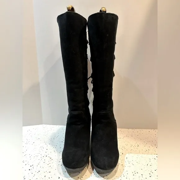 BearPaw Suede Leather Tall Wedge Lace Up Boots Pull On‎ Sz 10