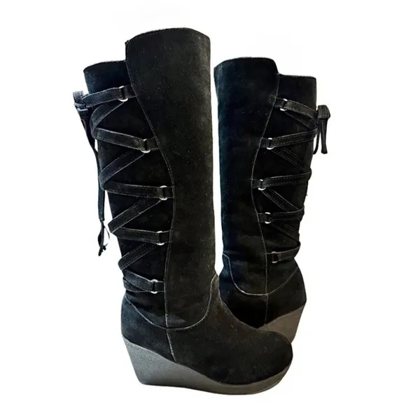 BearPaw Suede Leather Tall Wedge Lace Up Boots Pull On‎ Sz 10