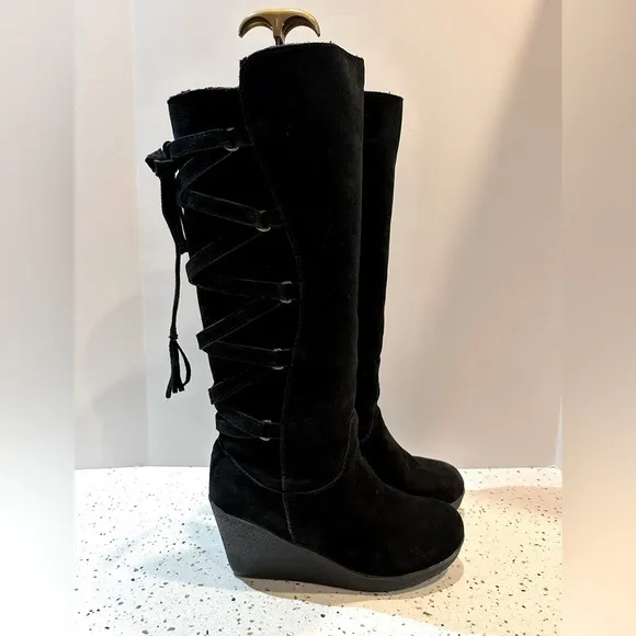 BearPaw Suede Leather Tall Wedge Lace Up Boots Pull On‎ Sz 10