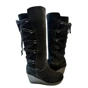 BearPaw Suede Leather Tall Wedge Lace Up Boots Pull On‎ Sz 10