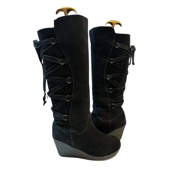 BearPaw Suede Leather Tall Wedge Lace Up Boots Pull On‎ Sz 10