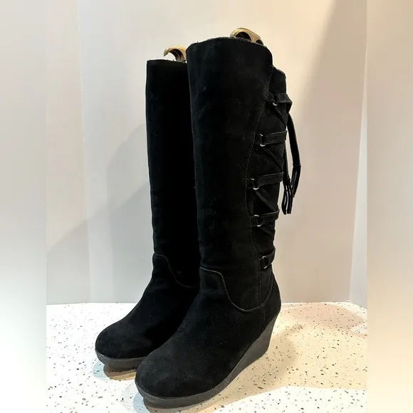 BearPaw Suede Leather Tall Wedge Lace Up Boots Pull On‎ Sz 10