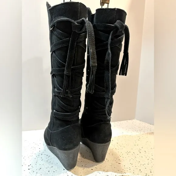 BearPaw Suede Leather Tall Wedge Lace Up Boots Pull On‎ Sz 10