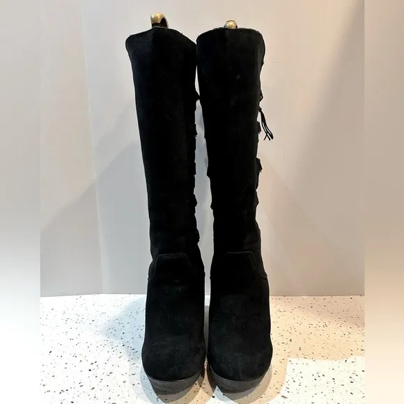 BearPaw Suede Leather Tall Wedge Lace Up Boots Pull On‎ Sz 10