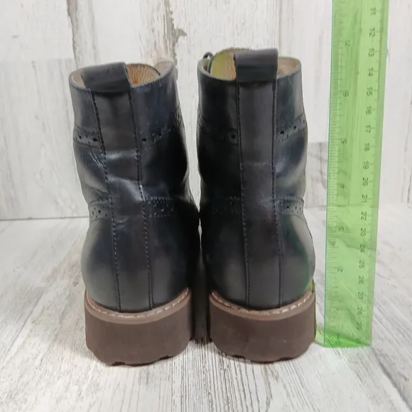 Beau Today Black Leather Lace-Up BrogueWingtip Ankle Combat Boots #999