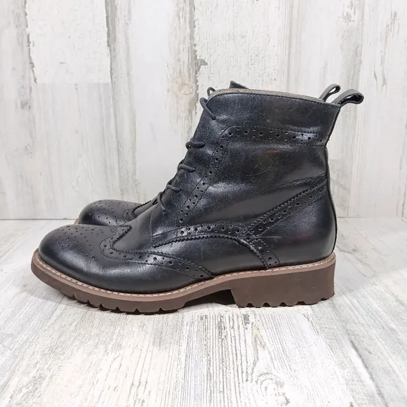 Beau Today Black Leather Lace-Up BrogueWingtip Ankle Combat Boots #999