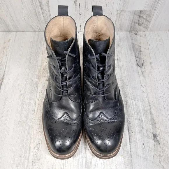 Beau Today Black Leather Lace-Up BrogueWingtip Ankle Combat Boots #999