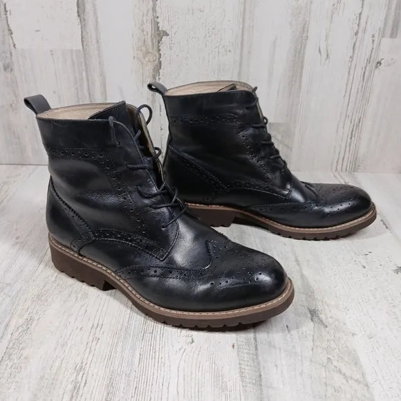 Beau Today Black Leather Lace-Up BrogueWingtip Ankle Combat Boots #999