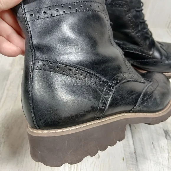 Beau Today Black Leather Lace-Up BrogueWingtip Ankle Combat Boots #999