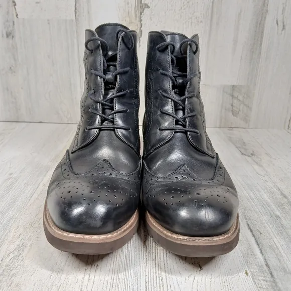 Beau Today Black Leather Lace-Up BrogueWingtip Ankle Combat Boots #999