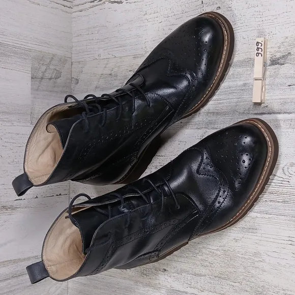 Beau Today Black Leather Lace-Up BrogueWingtip Ankle Combat Boots #999