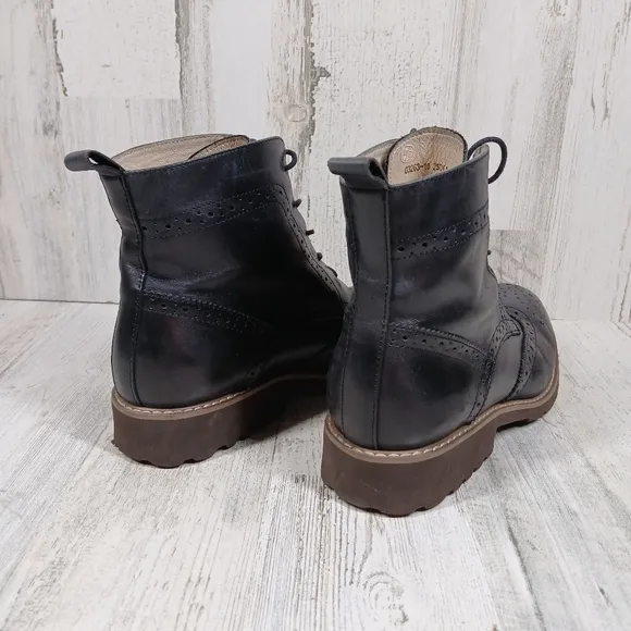 Beau Today Black Leather Lace-Up BrogueWingtip Ankle Combat Boots #999