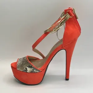 BEBE Orange Peeptoe Sandals Gold Chain Detail &amp; 5.5”/1.5” Platform Heels Sz 6.5
