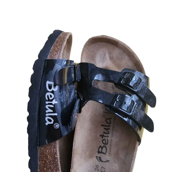 Betula By Birkenstock Shiny Black Patent Leather 2 Strap Sandals 38 L7 M5-EUC