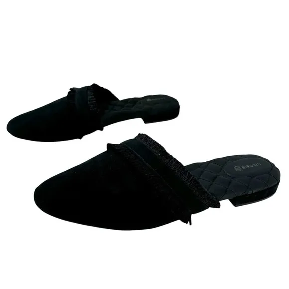 Birdies Ani Slide Black Suede Fringe Asymmetrical Mules Slip on Loafers Size 11