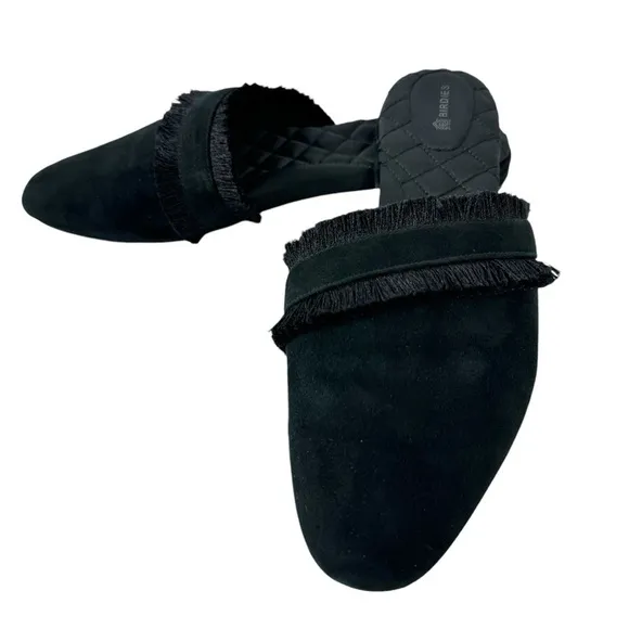 Birdies Ani Slide Black Suede Fringe Asymmetrical Mules Slip on Loafers Size 11