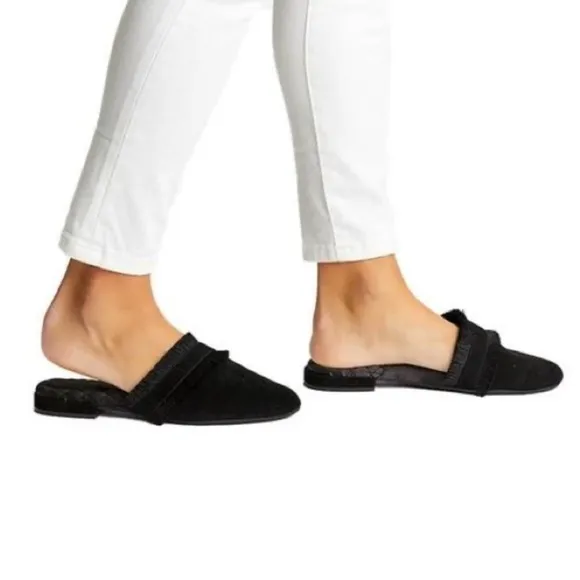 Birdies Ani Slide Black Suede Fringe Asymmetrical Mules Slip on Loafers Size 11