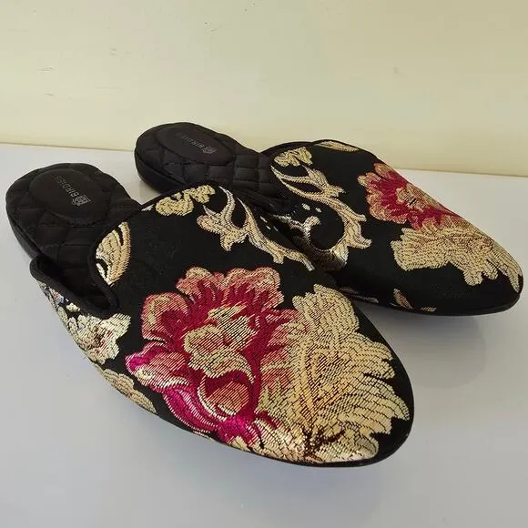 Birdies Phoebe Embroidered Floral Jacquard Slipper Mules Flats in Black Size 8.5