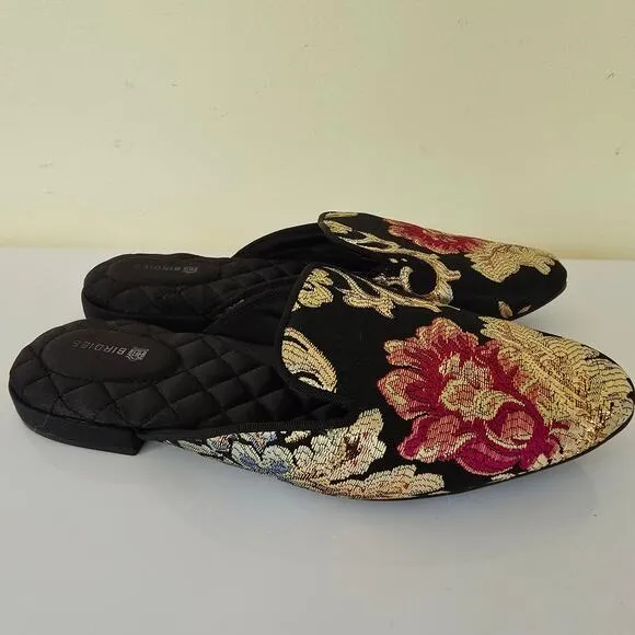 Birdies Phoebe Embroidered Floral Jacquard Slipper Mules Flats in Black Size 8.5