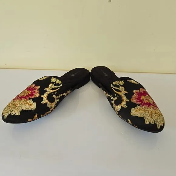 Birdies Phoebe Embroidered Floral Jacquard Slipper Mules Flats in Black Size 8.5