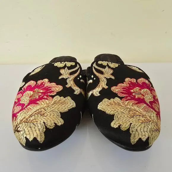 Birdies Phoebe Embroidered Floral Jacquard Slipper Mules Flats in Black Size 8.5