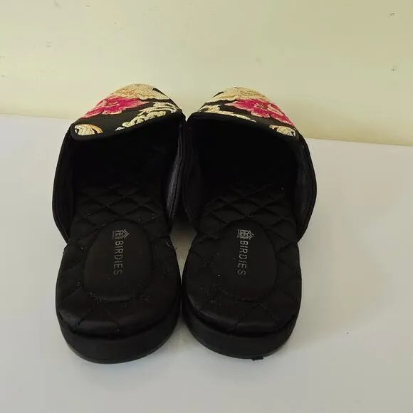 Birdies Phoebe Embroidered Floral Jacquard Slipper Mules Flats in Black Size 8.5