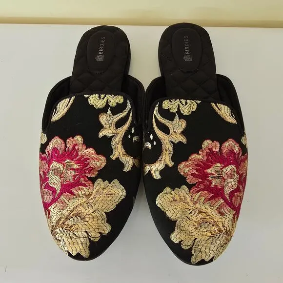 Birdies Phoebe Embroidered Floral Jacquard Slipper Mules Flats in Black Size 8.5