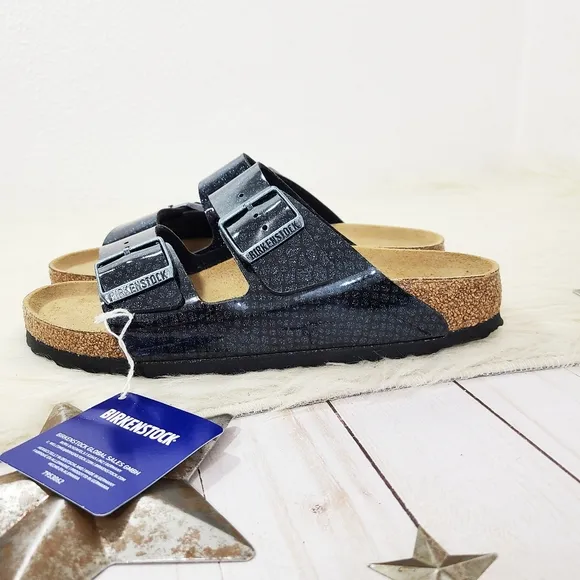 Birkenstock Arizona Double Buckle Sandals Blue Black Glitter Birkoflor Sz 7 NEW