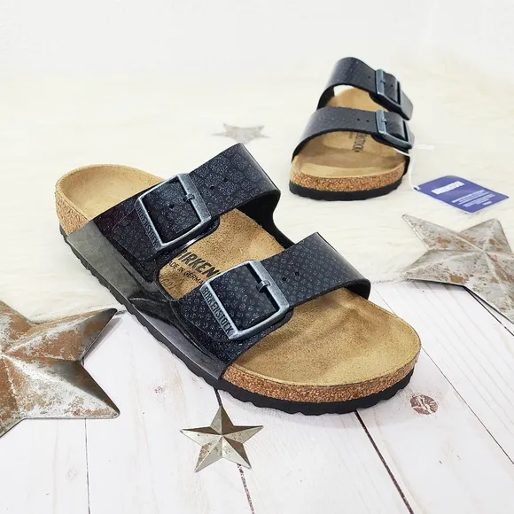 Birkenstock Arizona Double Buckle Sandals Blue Black Glitter Birkoflor Sz 7 NEW