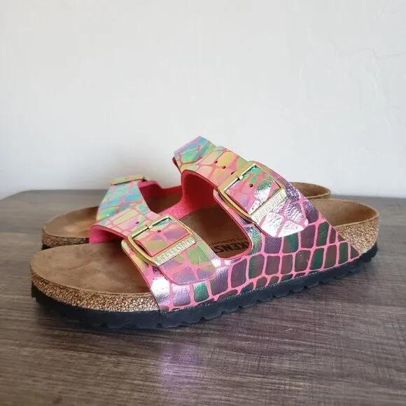 Birkenstock Arizona Gator Gleam Raspberry Pink Sandal Iridescent Women's 5 EU 36
