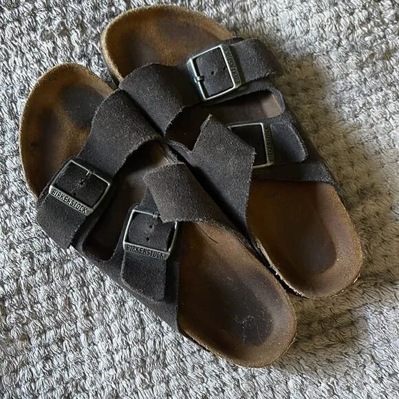 BIRKENSTOCK Dark Gray / Taupe Suede Two Strap Sandals Size 8/9