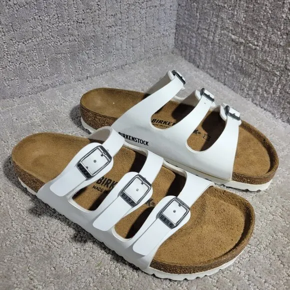 Birkenstock Florida Size 37 L6 M4 R White Birko-Flor 3 Strap Buckle Sandals