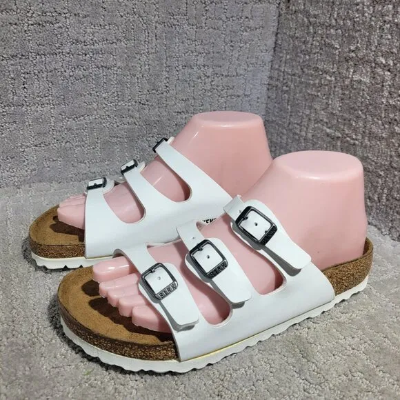 Birkenstock Florida Size 37 L6 M4 R White Birko-Flor 3 Strap Buckle Sandals