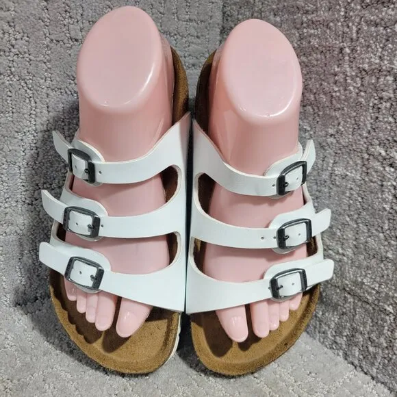 Birkenstock Florida Size 37 L6 M4 R White Birko-Flor 3 Strap Buckle Sandals