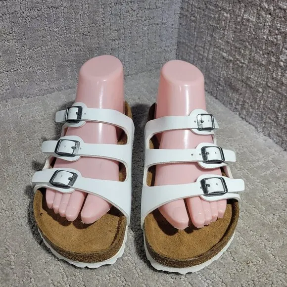 Birkenstock Florida Size 37 L6 M4 R White Birko-Flor 3 Strap Buckle Sandals