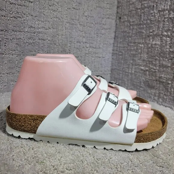 Birkenstock Florida Size 37 L6 M4 R White Birko-Flor 3 Strap Buckle Sandals