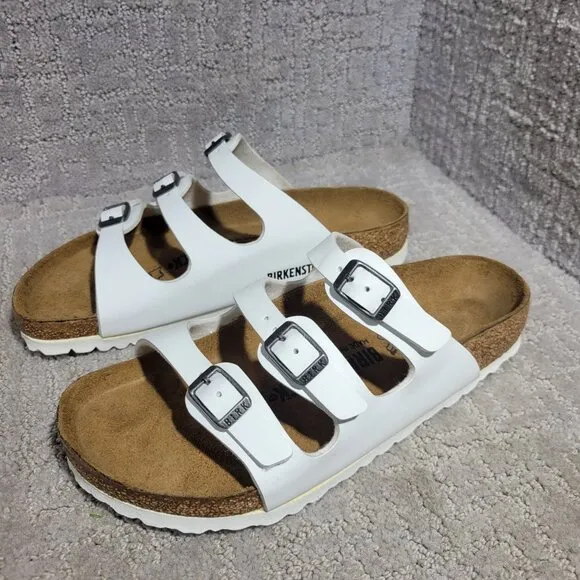 Birkenstock Florida Size 37 L6 M4 R White Birko-Flor 3 Strap Buckle Sandals