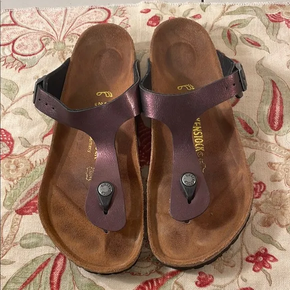 Birkenstock Gizeh Purple Natural Leather Thong Sandal Ergonomic Cork Footbed